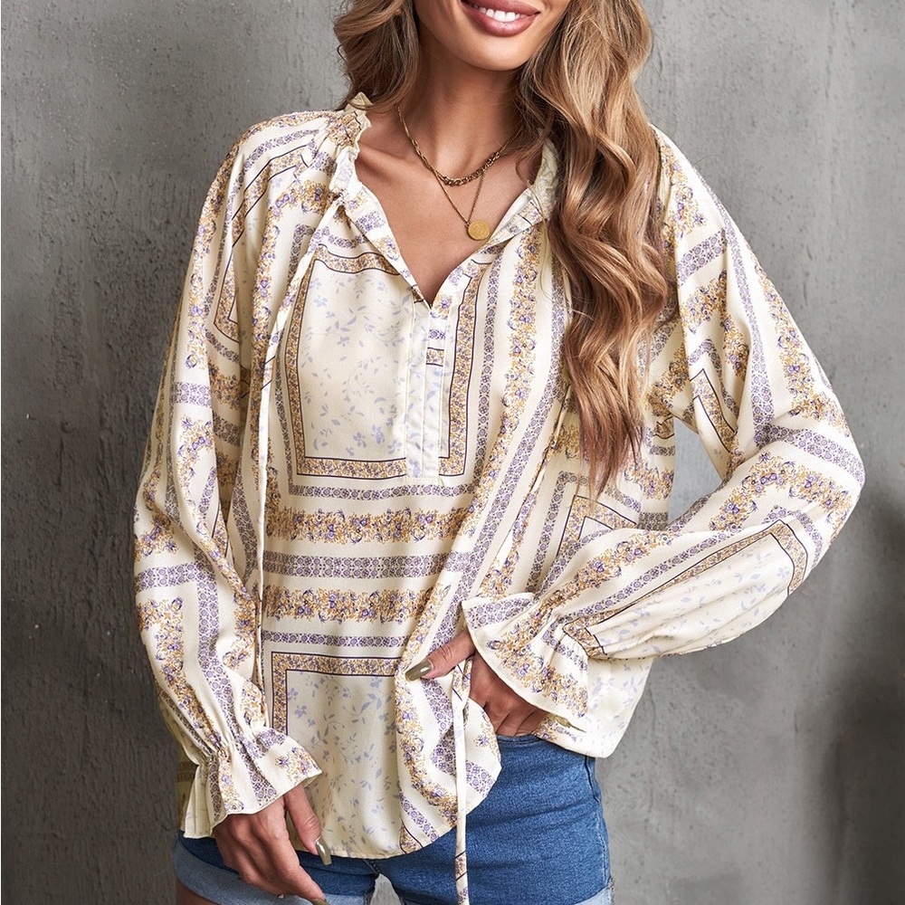 Beige V Neck Lantern Sleeve Drawstring Tribal
Print Top Bohemian Blouse - Picture 4 of 15
